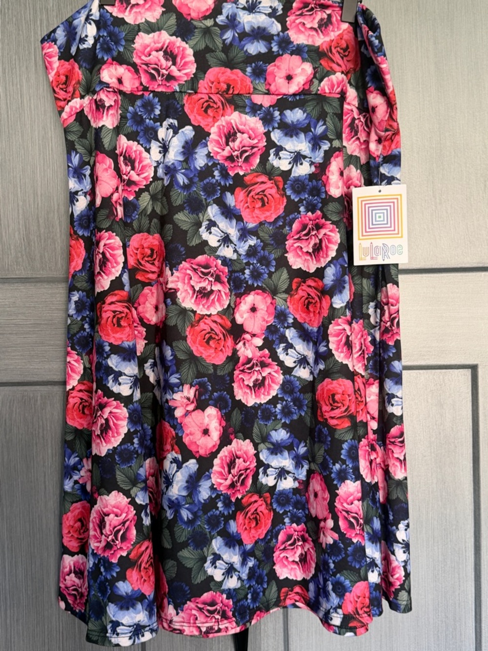 LuLaRoe Azure Skirt 3XL Floral Pink Blue Roses Black Swing Skirt Plus Size